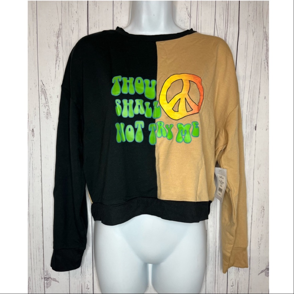 Society 212 Women’s Size Large Black & Tan Graphic Print Sweatshirt Peace Sign